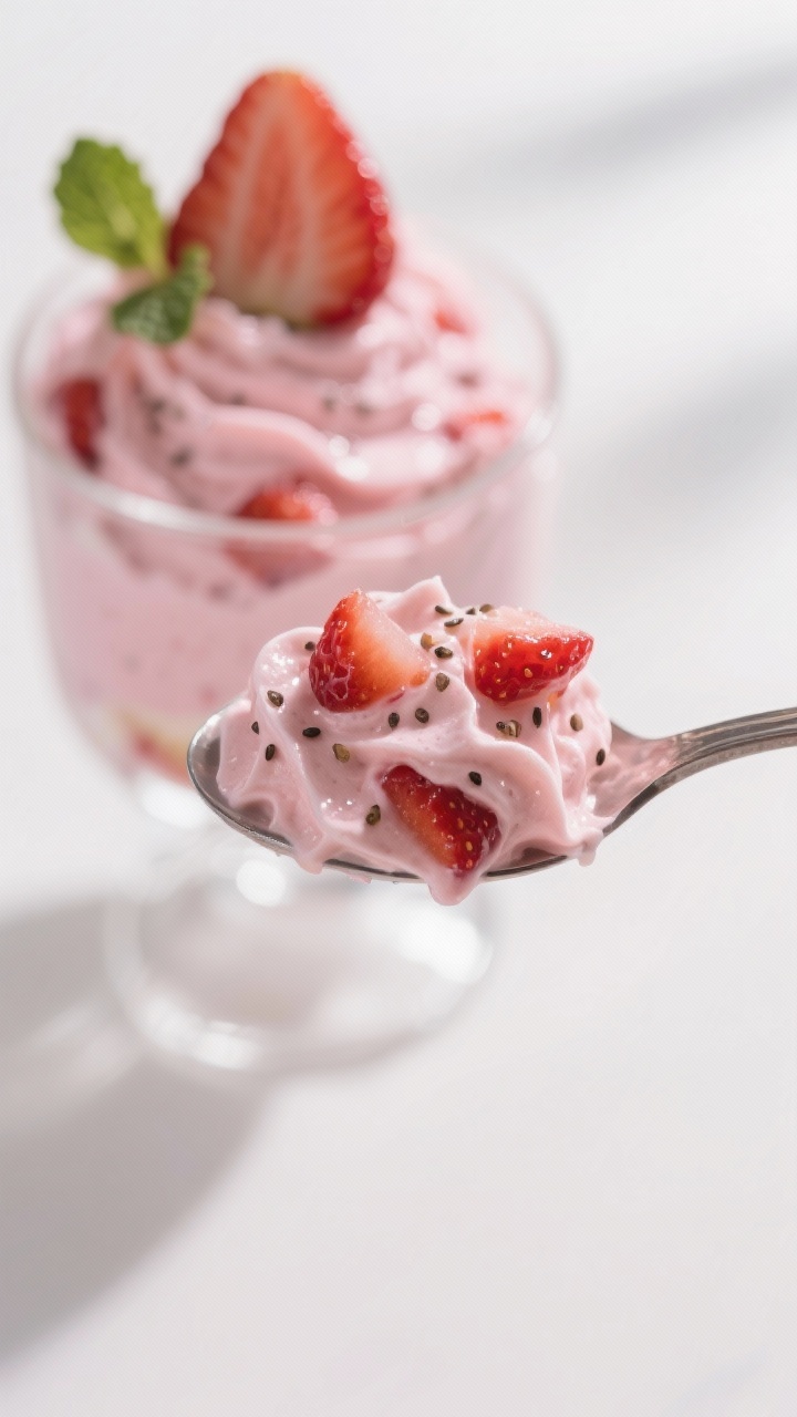 Close-up detail: A spoonful of keto strawberry mousse lifted from a glass, showing airy whipped-crea