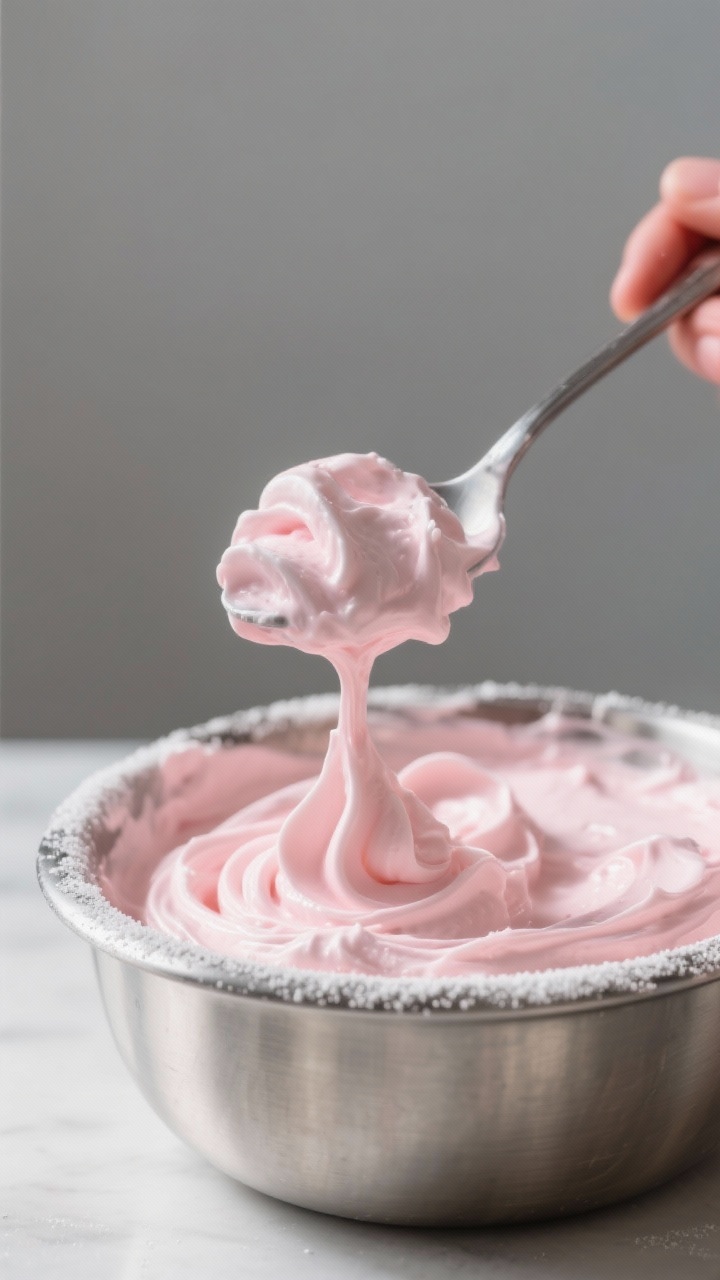 Close-up detail: A spoonful of keto strawberry mousse being gently folded into the strawberry-cream 
