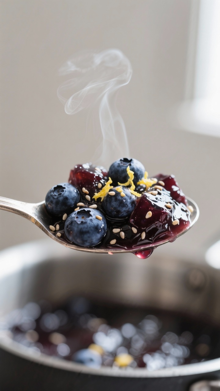 Close-up detail: A spoonful of sugar-free blueberry jam just off the stove, glossy and thick with vi