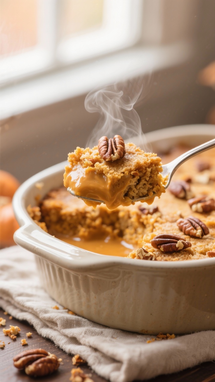 Close-up detail: A spoonful scoop of Pumpkin Pie Dump Cake just lifted from the pan, showcasing the 