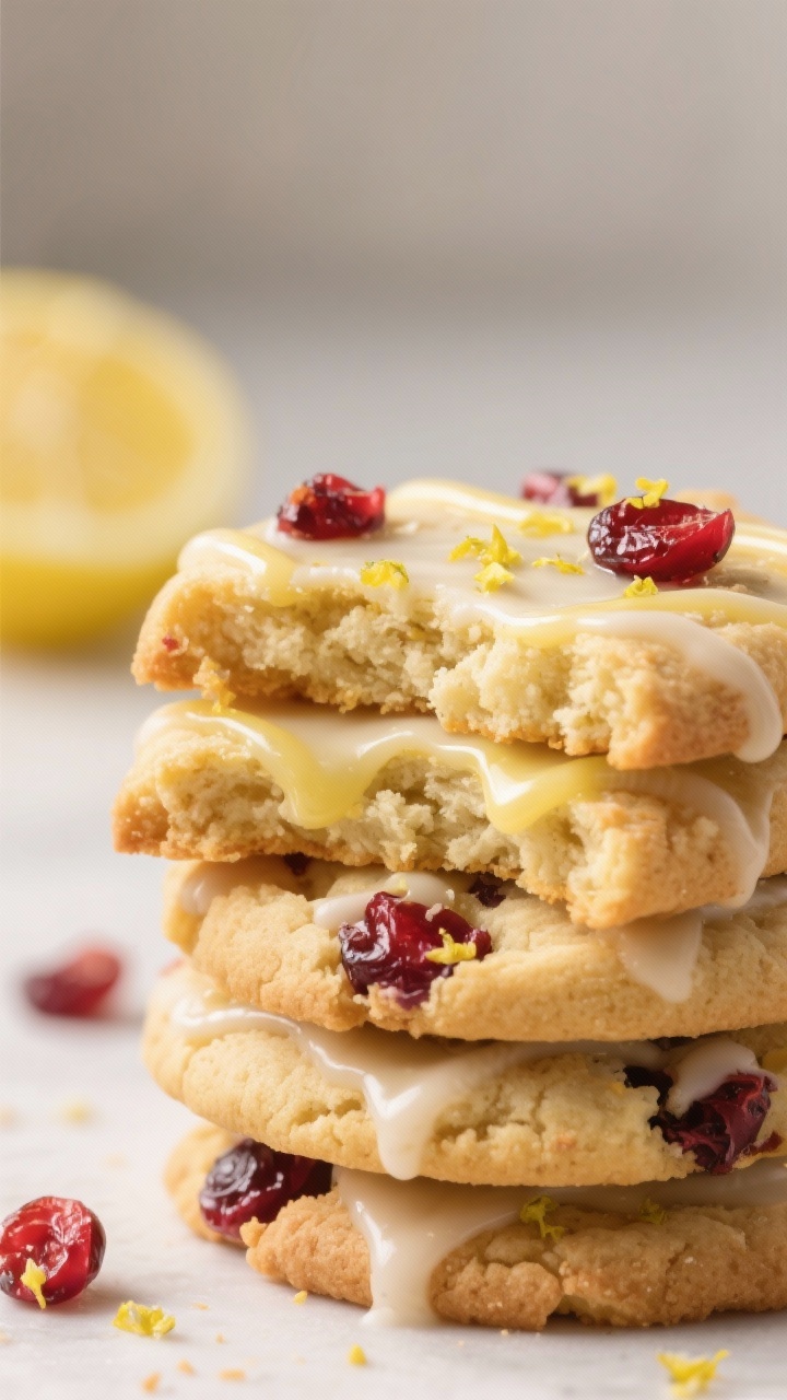 Close-up detail: A stack of Lemon Drizzle Cranberry Cookies, baked to lightly golden edges with soft