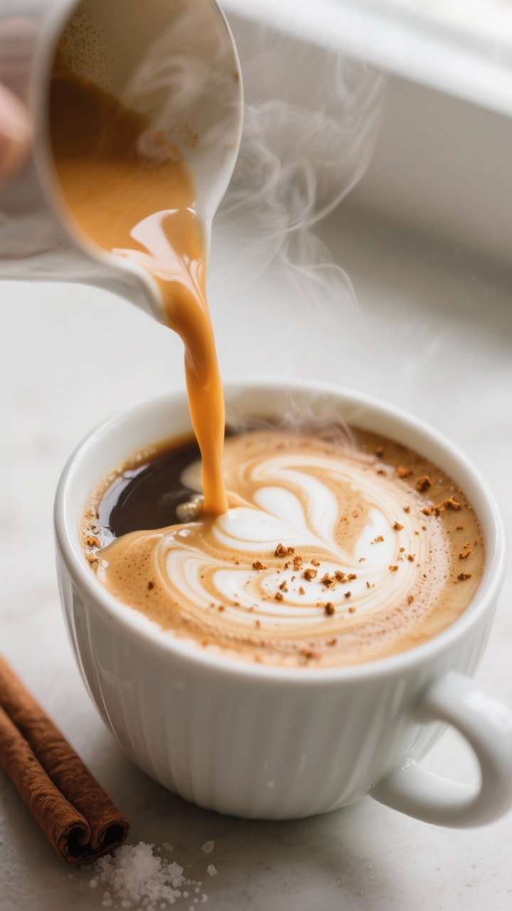 Close-up detail: A steaming Keto Pumpkin Spice Latte mid-pour as the frothy pumpkin milk mixture str