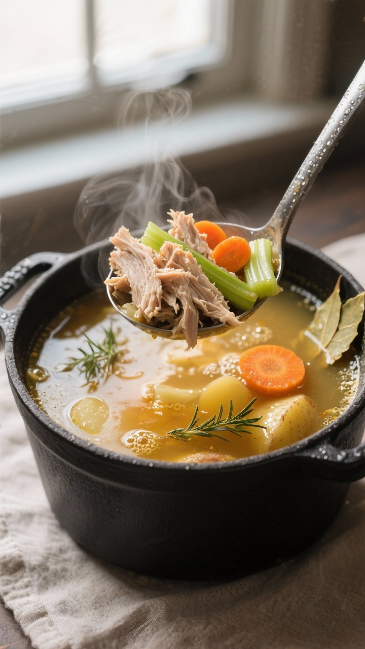 Close-up detail: A steaming ladle lifting Leftover Turkey Soup from a pot, showcasing tender shredde
