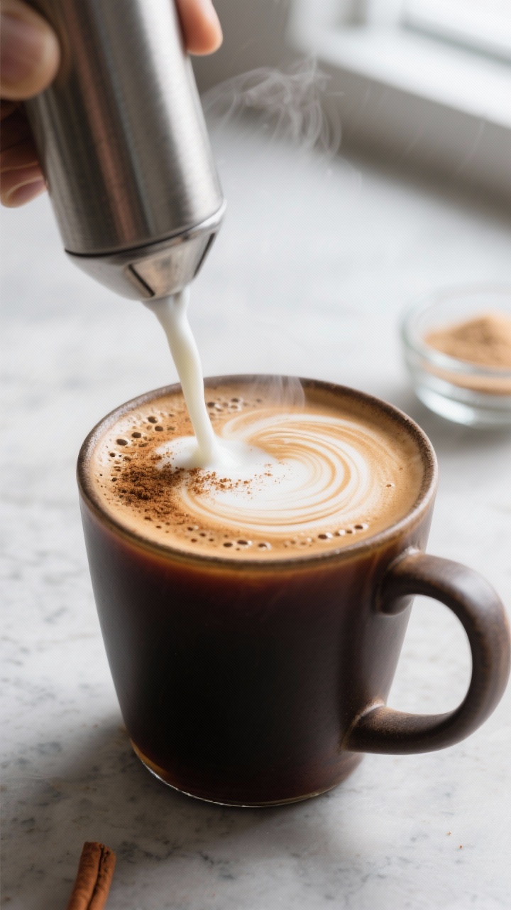 Close-up detail: A steaming mug of freshly brewed dark-roast keto coffee as heavy cream is being fro