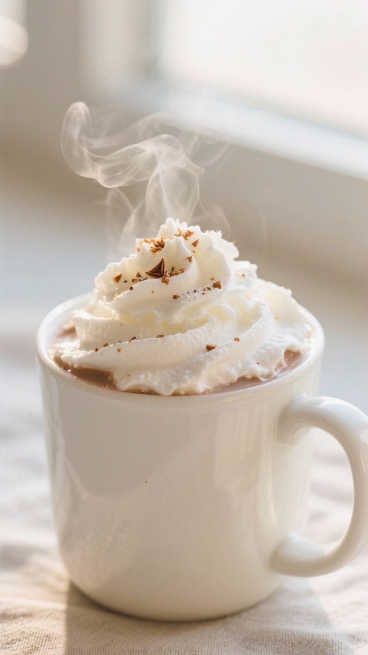 Close-up detail: A steaming mug of white hot chocolate just whisked smooth, ultra-silky surface with