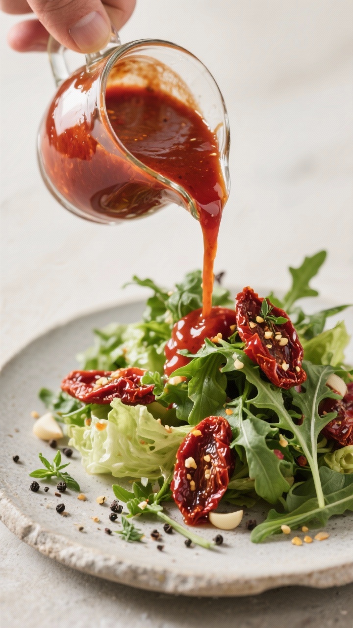 Close-up detail: A thick, glossy sundried tomato salad dressing streaming from a small glass pitcher