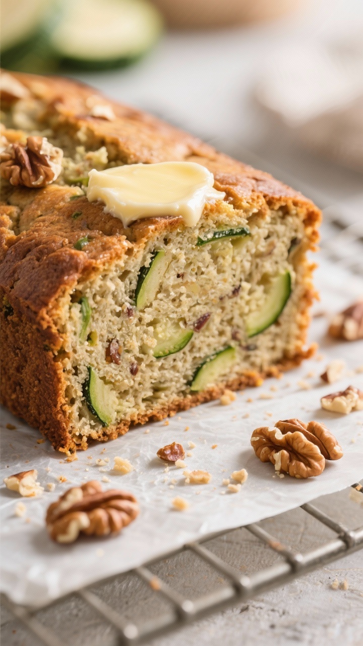 Close-up detail: A thick slice of baked keto zucchini bread just cut, crumb showing moist, tender te