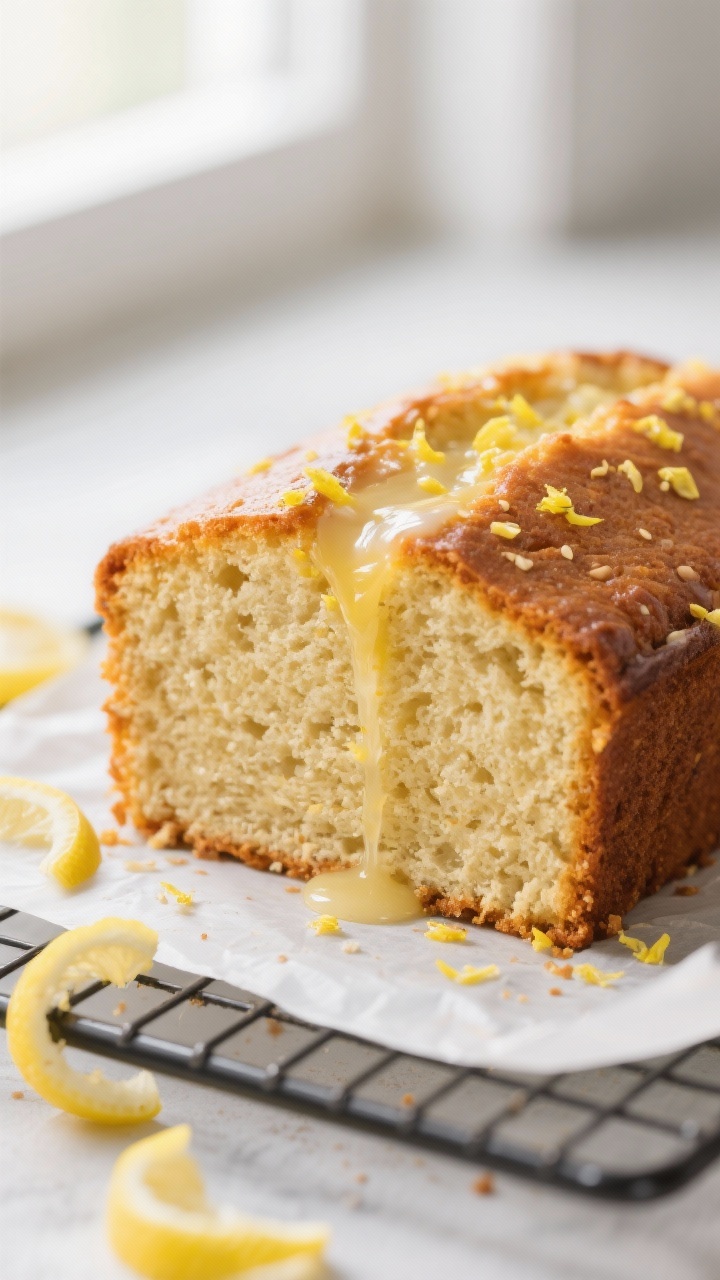 Close-up detail: A thick slice of keto lemon pound cake on a cooling rack, the moist, tender crumb v
