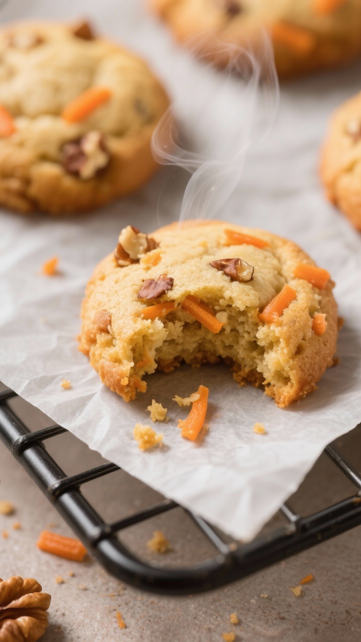 Close-up detail: A tight macro of a freshly baked mini carrot cake cookie bite torn open to reveal i