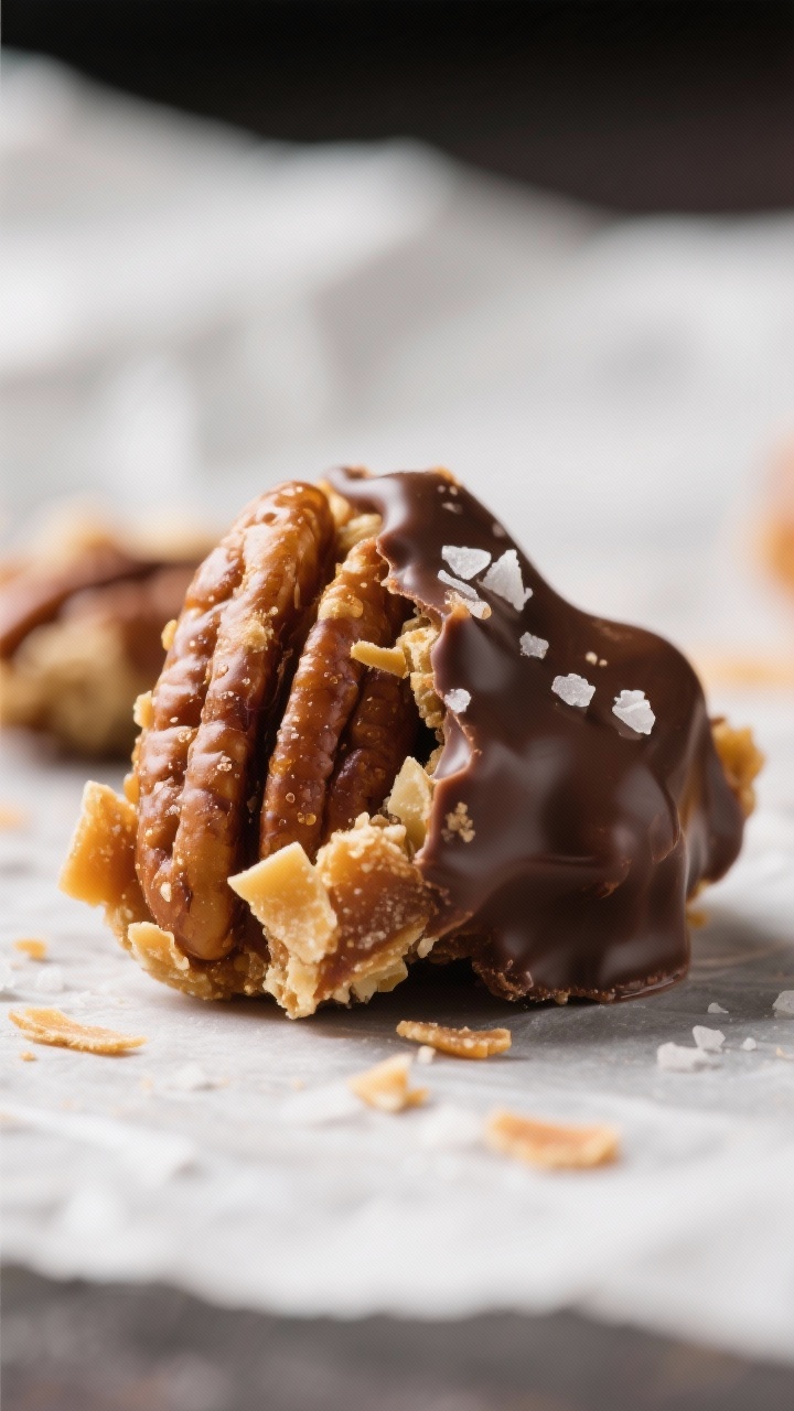 Close-up detail: A tight macro of a freshly made toffee-pecan cluster partially coated in glossy sem