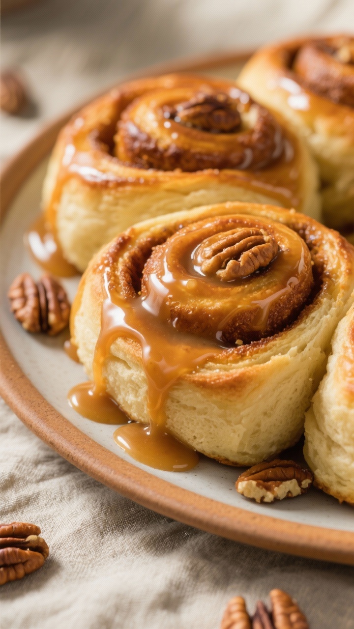 Close-up detail: A tight macro of freshly baked caramel pecan sticky buns just after inversion, glos