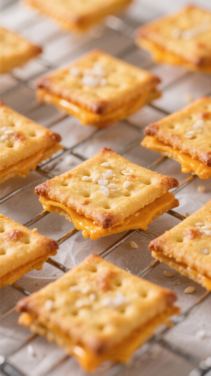 Close-up detail: A tight macro of freshly baked cheddar cheese crackers cooling on a wire rack, gold
