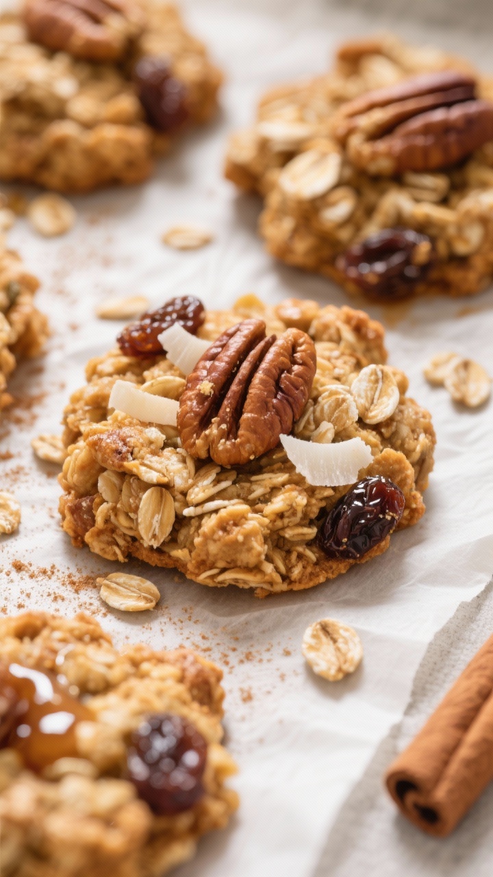 Close-up detail: A tight macro of golden-brown oatmeal cookie granola clusters cooling on parchment,