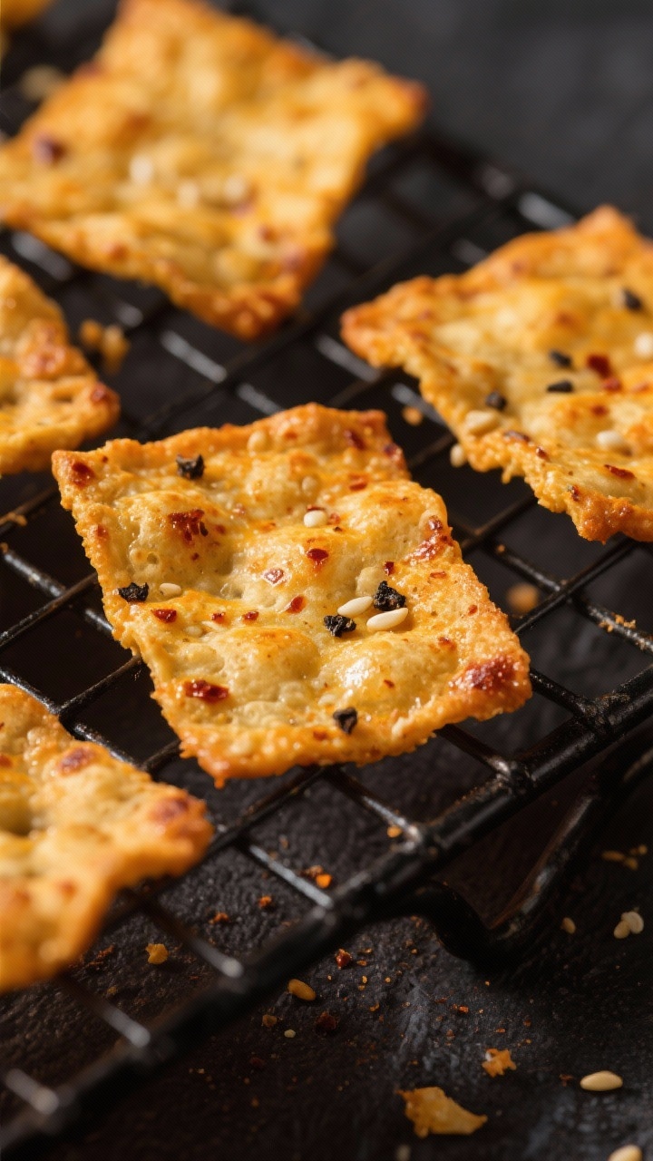 Close-up detail: A tight macro shot of freshly baked cheddar garlic cheese crisps cooling on a wire