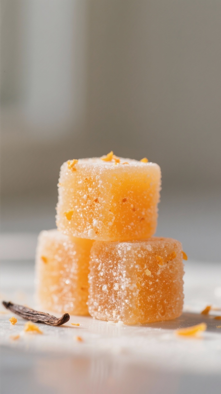 Close-up detail: A tight macro shot of freshly unmolded Orange Creamsicle Gummies, soft and bouncy w