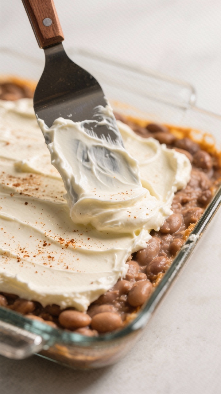 Close-up detail: A tight macro shot of the creamy layer being spread over the seasoned refried bean 