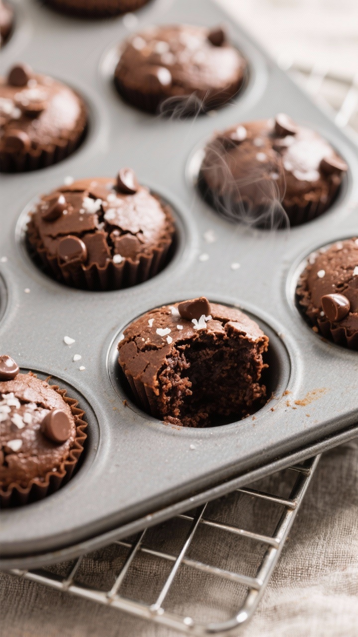 Close-up detail: A tray of freshly baked keto brownie bites still in a mini muffin pan just out of t