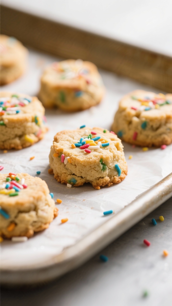 Close-up detail: A tray of freshly baked Keto Funfetti Cookie Bites just out of the oven, edges ligh
