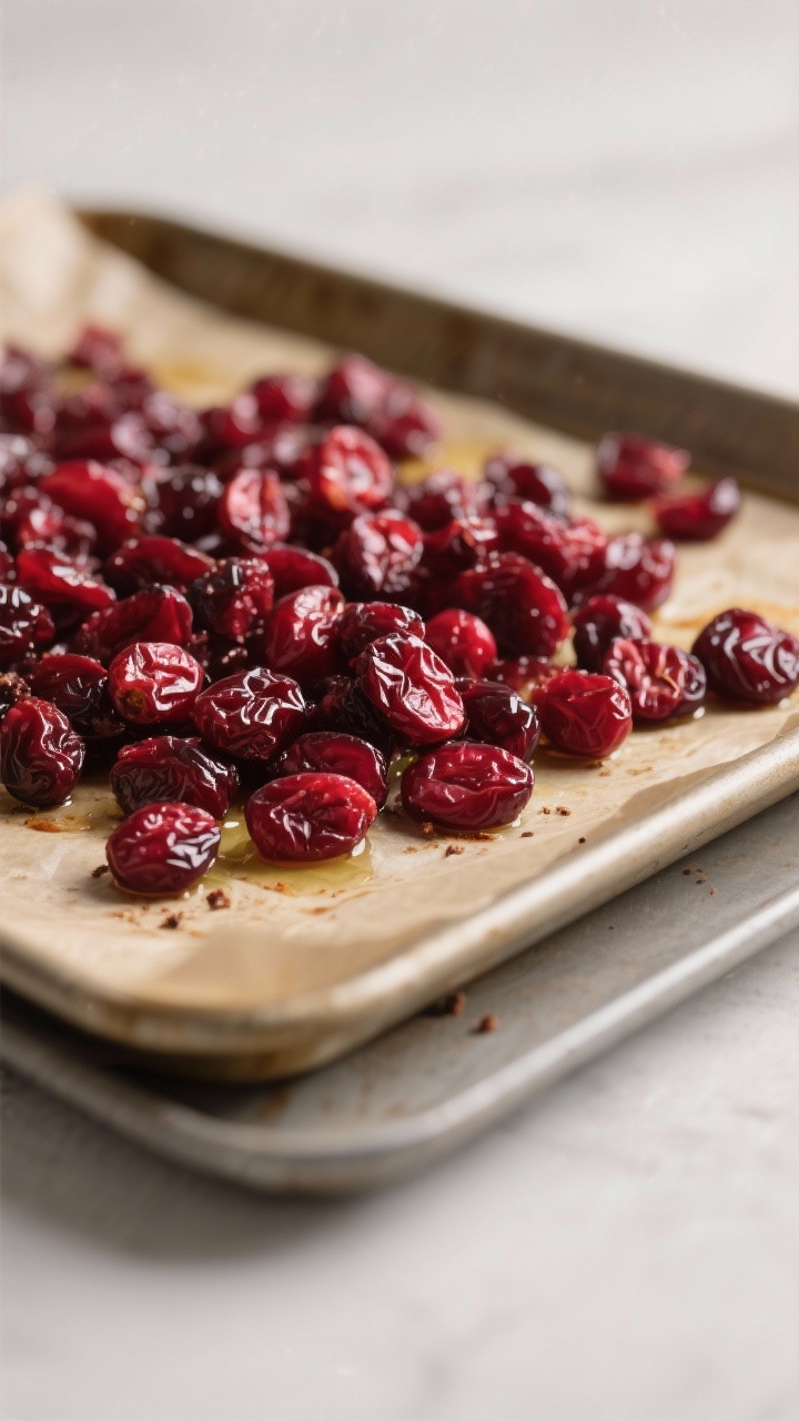 Close-up detail: A tray of sugar-free dried cranberries just out of the oven, wrinkled and glossy fr