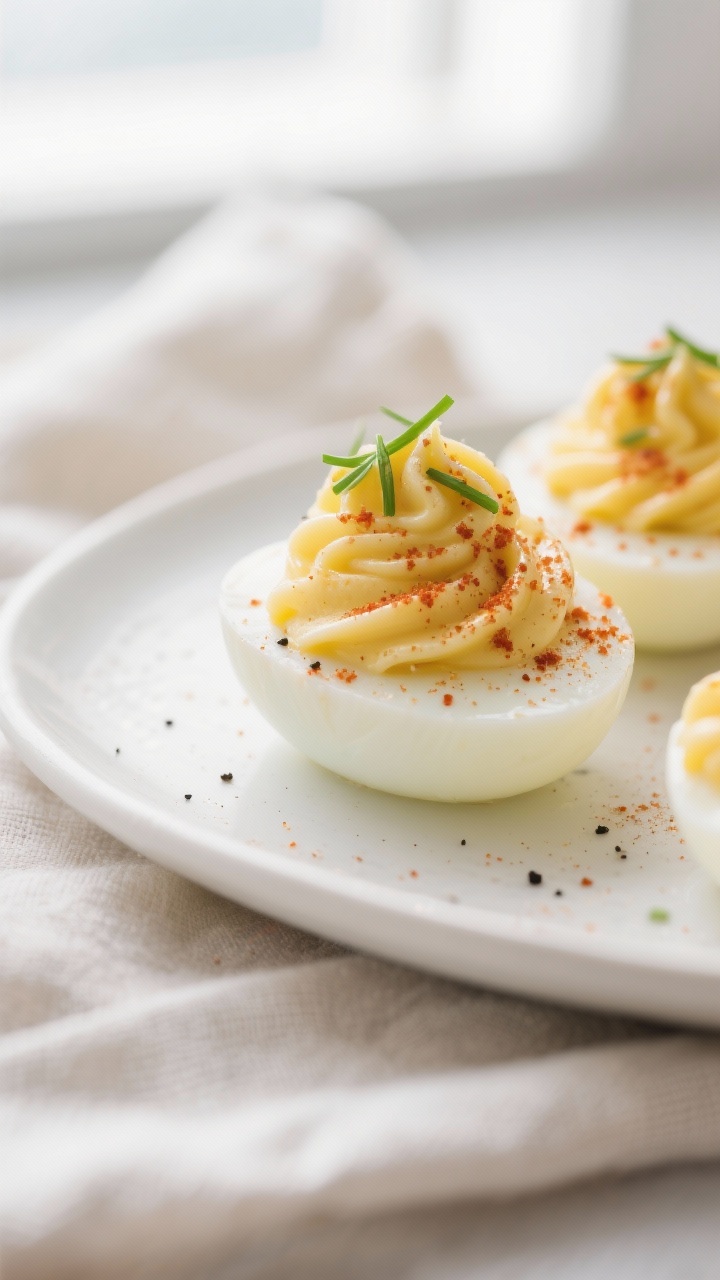 Close-up detail: A trio of finished keto deviled egg halves on a matte white plate, piped yolk filli