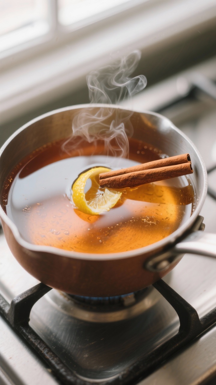 Close-up detail: A warm saucepan of freshly dissolved simple syrup turning crystal clear, tiny steam