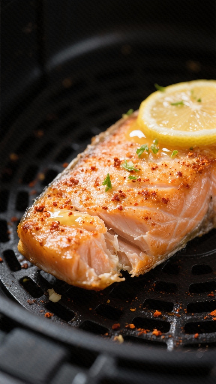 Close-up detail: Air-fried frozen salmon fillet just out of the basket, surface lightly crisp with v