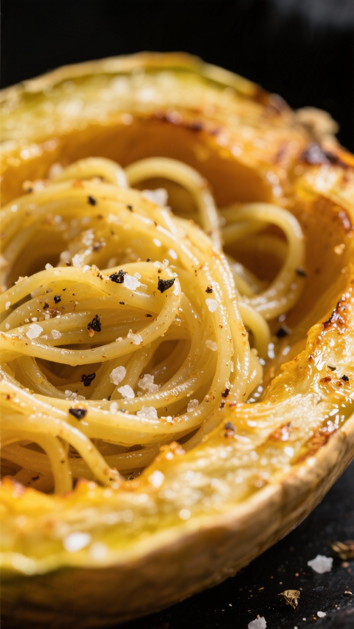 Close-up detail: Air-fried spaghetti squash strands freshly scraped in the shell, golden edges with 