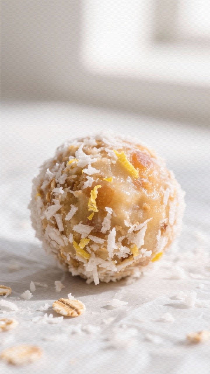Close-up detail: Apricot bliss ball freshly rolled and coated in fine unsweetened coconut, showing s