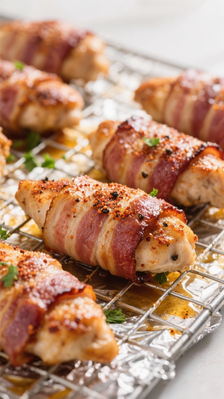 Close-up detail: Bacon wrapped chicken tenders just out of the oven, bacon rendered and deeply crisp