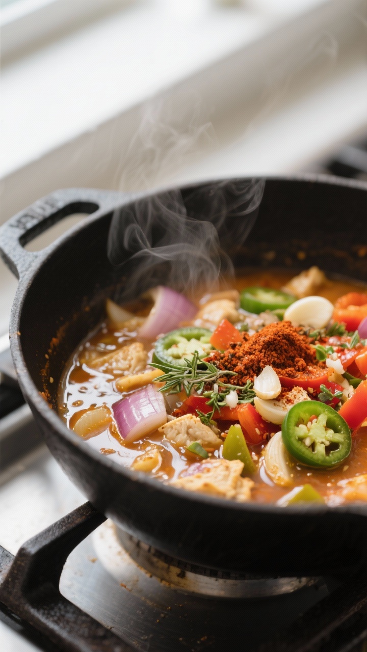 Close-up detail: Bloomed spices in action for keto chicken tortilla soup—sautéed onion, bell pepp