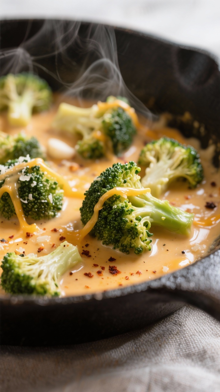 Close-up detail: Broccoli florets coated in a glossy, velvety cheddar-Parmesan cream sauce in a skil