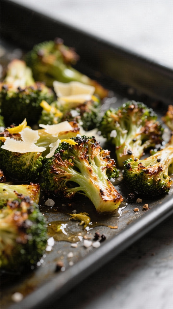 Close-up detail: Broiled broccoli florets just out of the oven with deeply caramelized, crispy edges