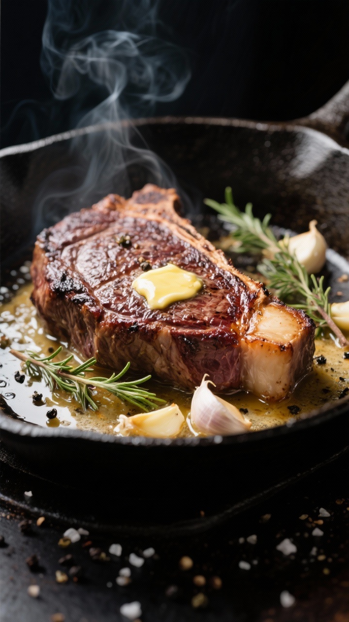 Close-up detail: Broiled ribeye just out of the oven in a smoking-hot cast-iron skillet, deep mahoga