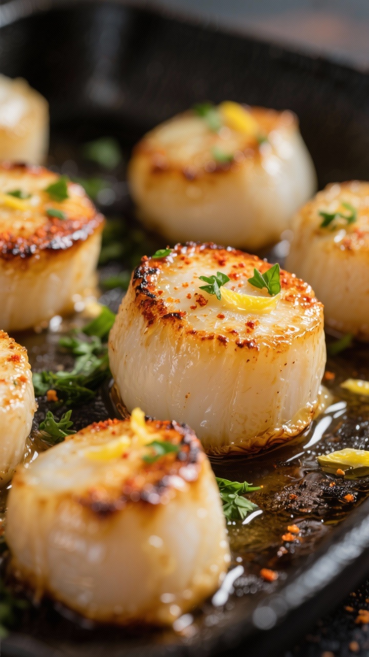 Close-up detail: Broiled sea scallops fresh from the oven, golden caramelized tops with light paprik