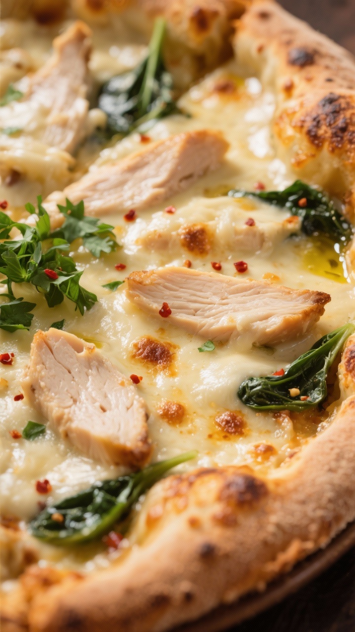 Close-up detail: Bubbling Chicken Alfredo Pizza just out of the oven, extreme close-up of golden, bl