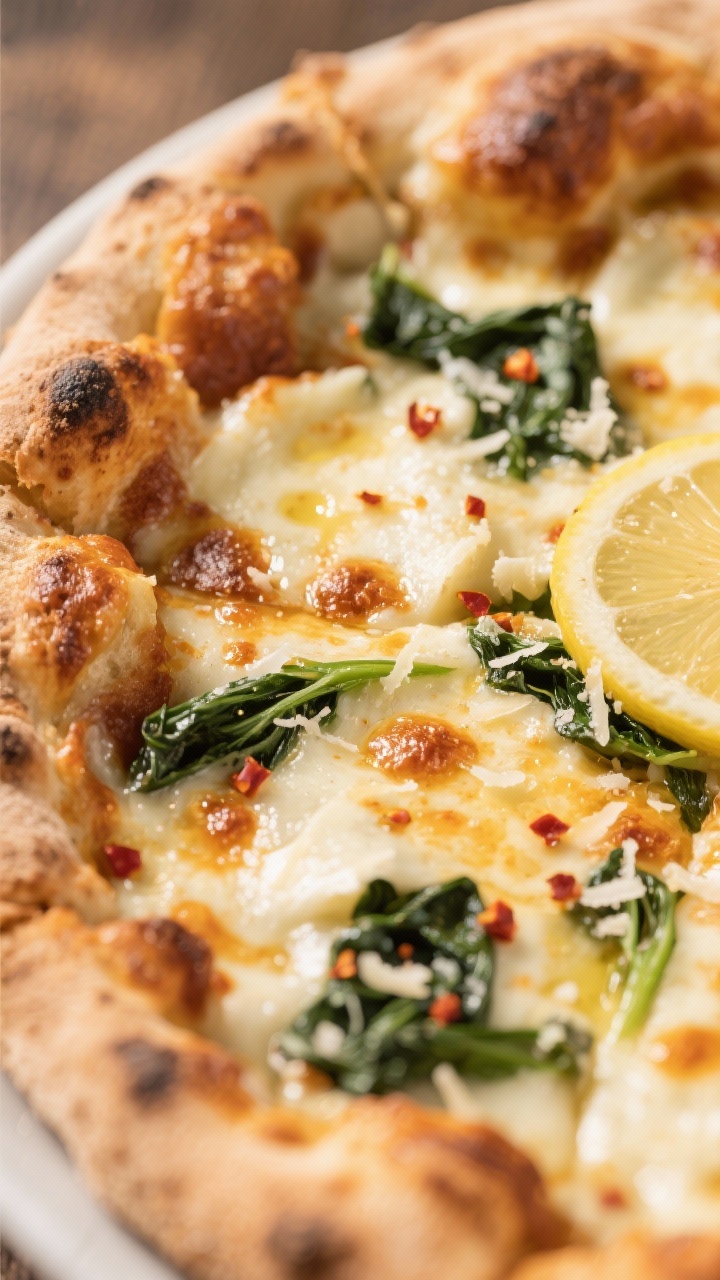 Close-up detail: Bubbly, golden-brown cheese on a baked white spinach pizza with crisp, blistered cr