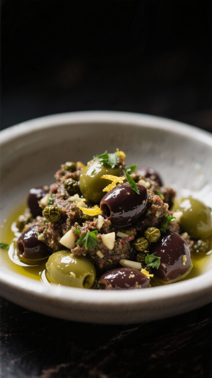 Close-up detail: Chunky olive tapenade just finished in the processor bowl, showing glossy pieces of