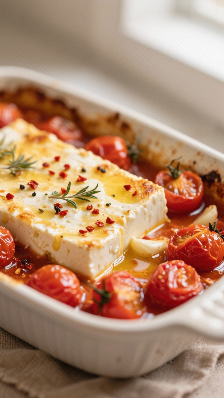 Close-up detail: Creamy baked feta and burst cherry tomatoes just out of the oven, feta lightly gold