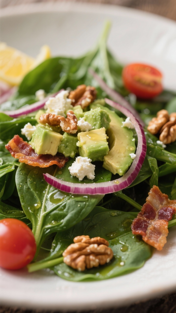 Close-up detail: Creamy diced avocado and crumbled goat cheese nestled among tender baby spinach lea
