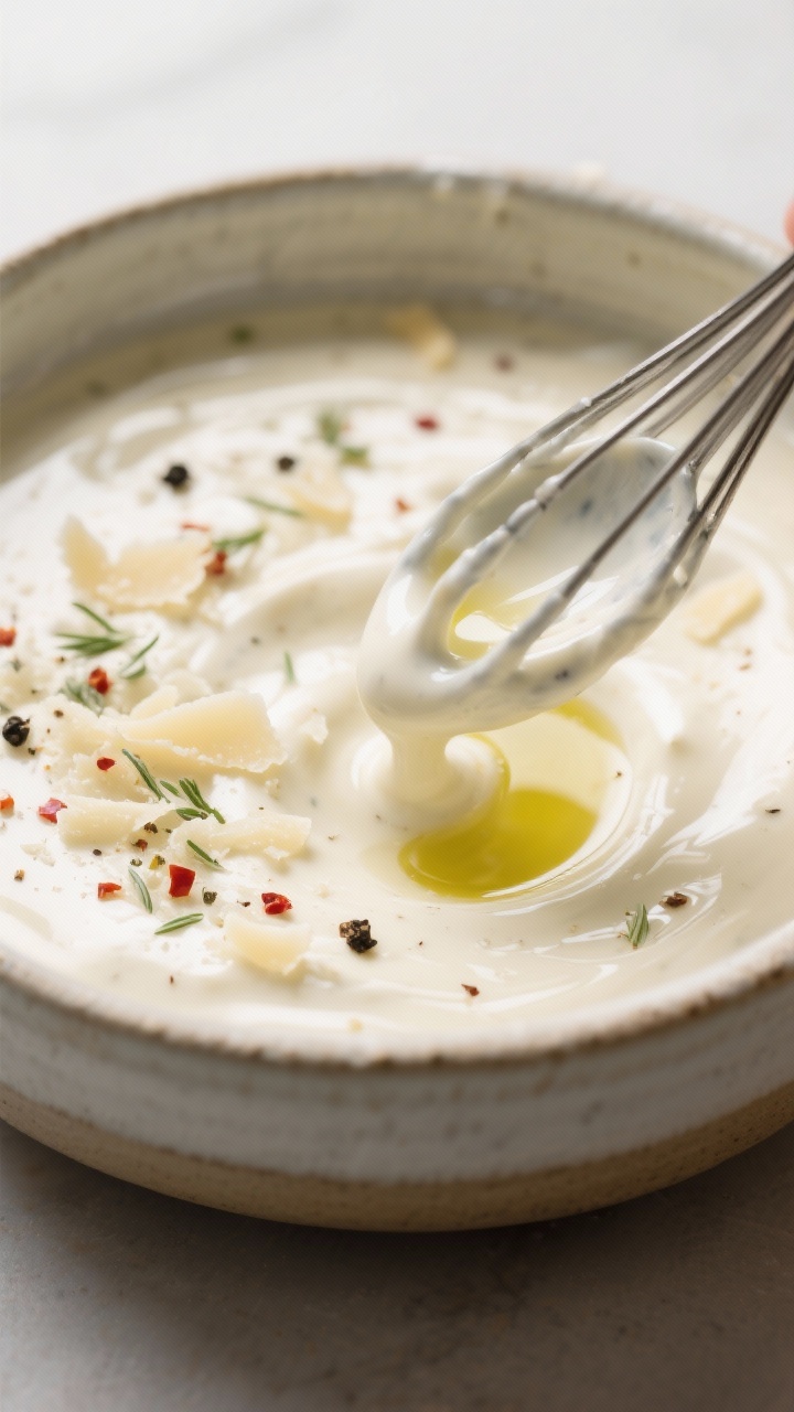 Close-up detail: Creamy Parmesan garlic sauce being whisked to a glossy, spoonable finish in a ceram