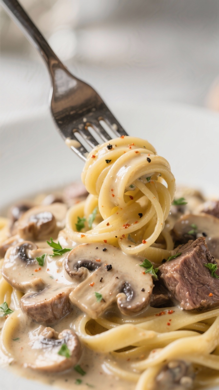 Close-up detail — Creamy sauce cling: Fork twirling buttered egg noodles coated in silky, mushroom