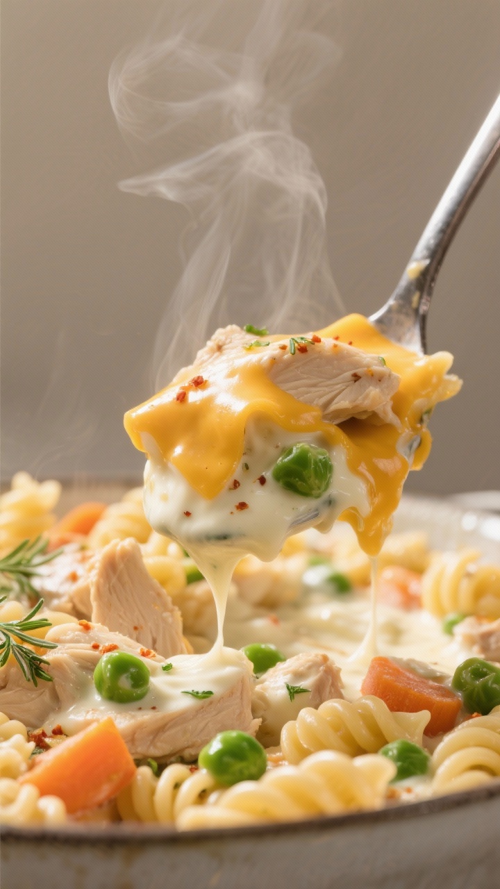 Close-up detail: Creamy slow-cooker chicken casserole just after the “cheesy finish,” spoon stir