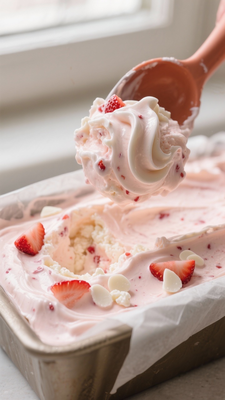 Close-up detail: creamy strawberry cottage cheese ice cream being scooped from a parchment-lined loa