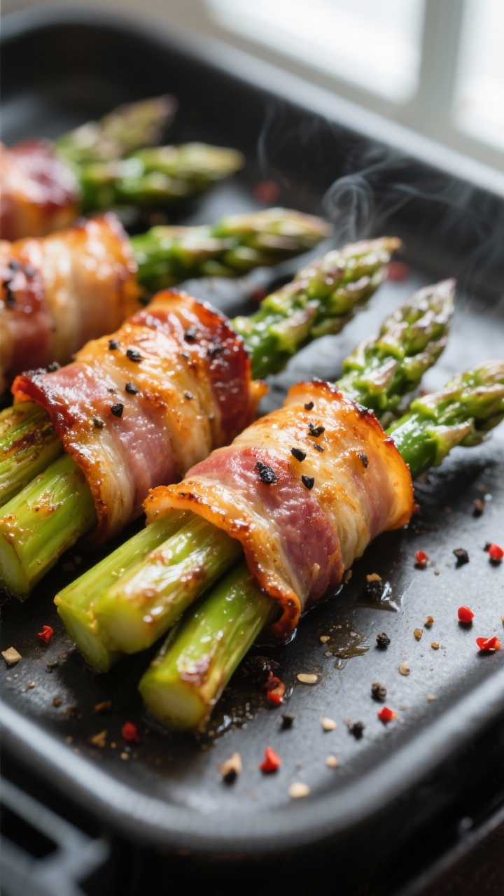 Close-up detail: Crisp bacon-wrapped asparagus bundles just out of the air fryer, bacon blistered an