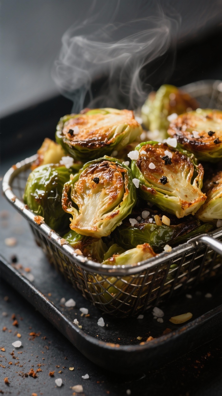 Close-up detail: Crispy air-fried Brussels sprouts just out of the basket, edges deeply caramelized