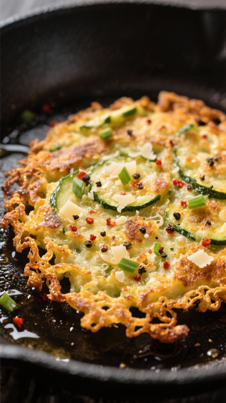 Close-up detail: Crispy keto zucchini fritter just off the skillet, golden-brown lacey edges with fl
