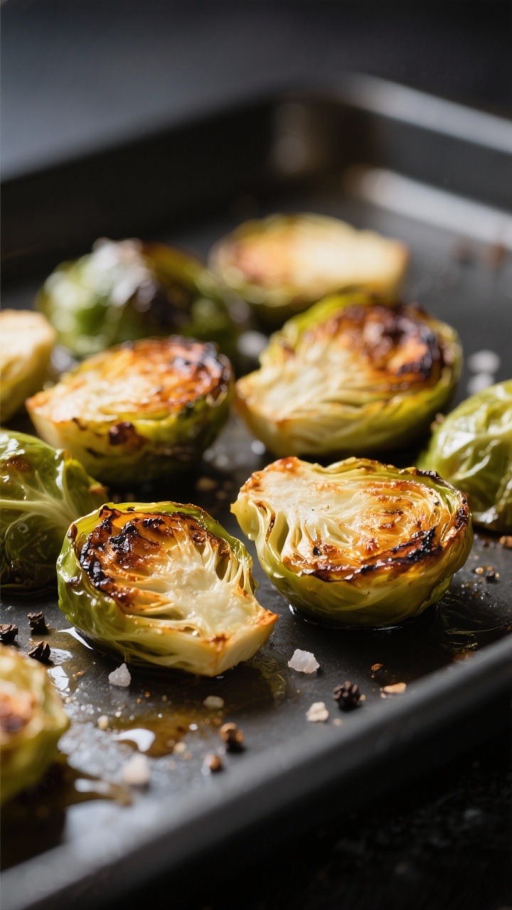Close-up detail: Crispy roasted Brussels sprouts just out of the oven, cut sides deeply caramelized 