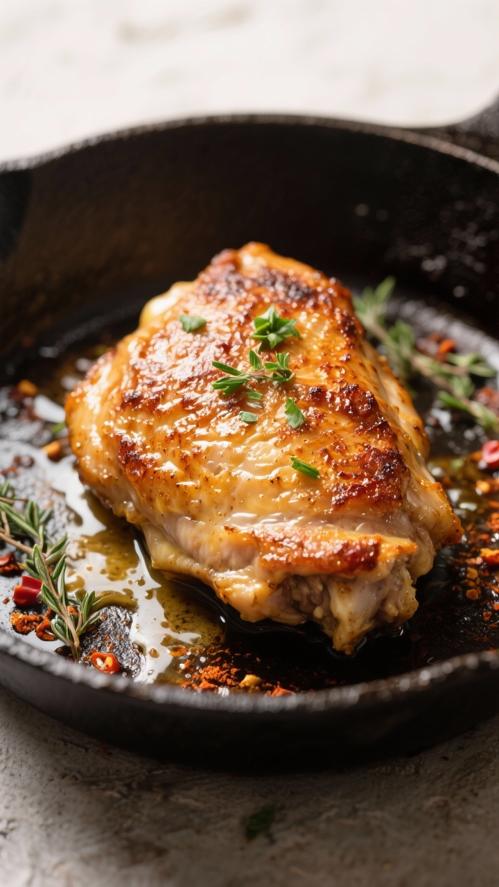 Close-up detail: Crispy-skinned keto chicken thigh just out of the oven in a cast-iron skillet, skin