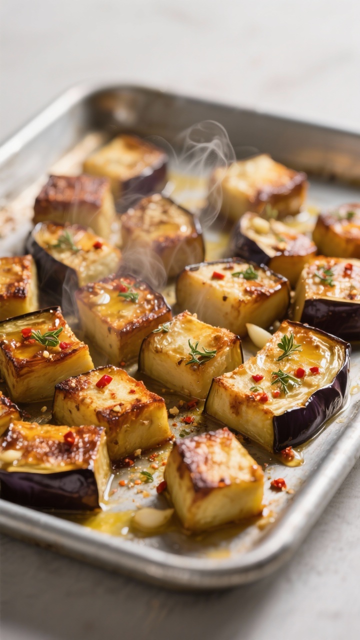 Close-up detail: Deep golden roasted eggplant cubes on a hot metal sheet pan just after flipping, cr