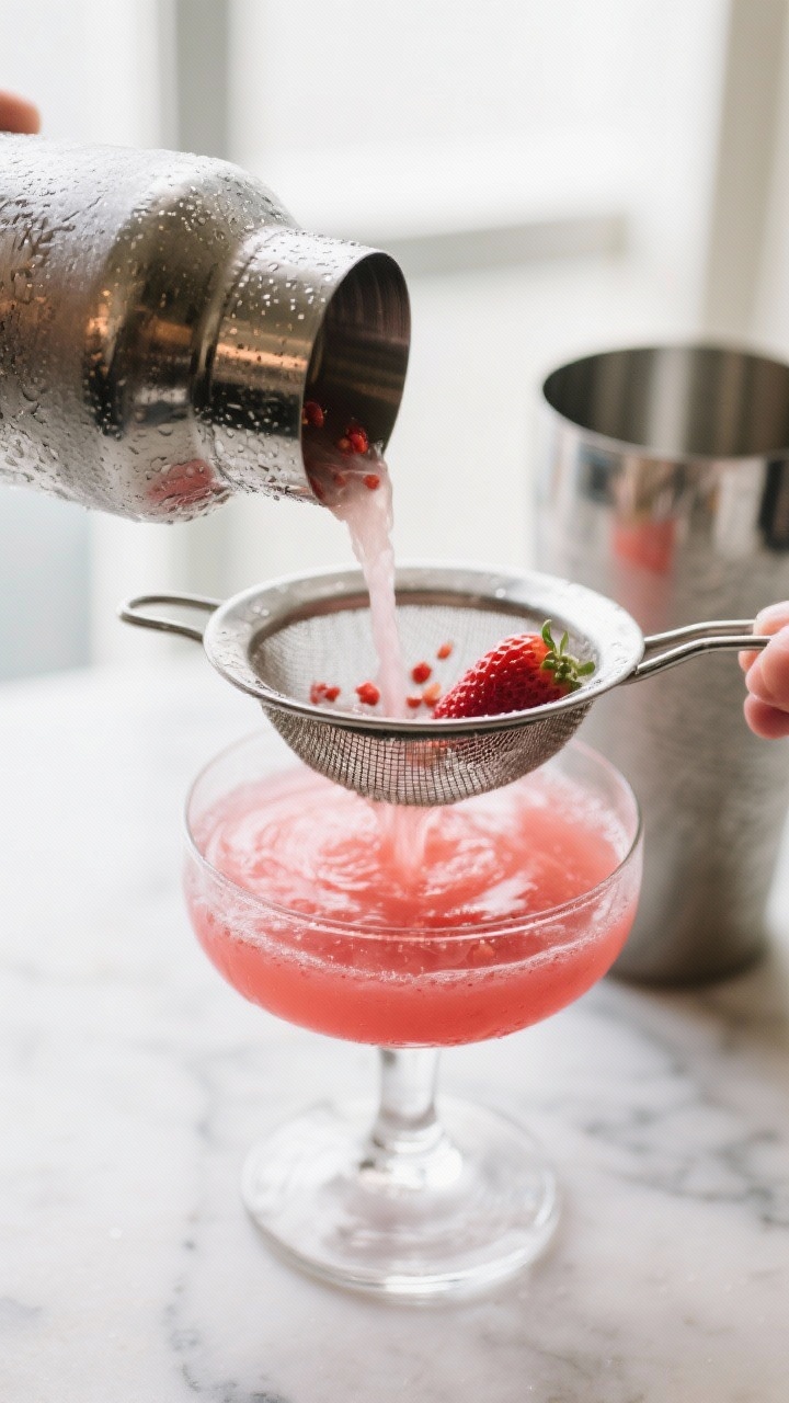 Close-up detail: Double-straining a freshly shaken Strawberry Gimlet into a chilled Nick and Nora gl